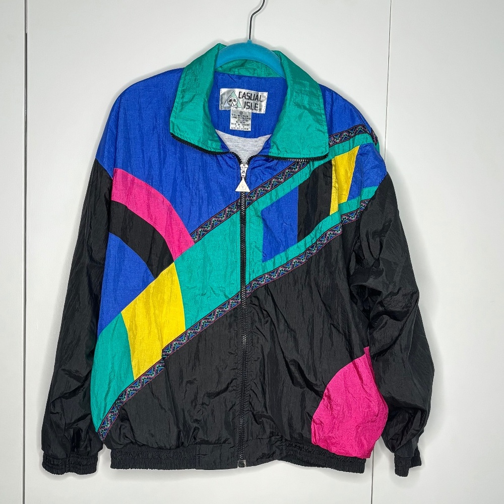 Vintage 80s Color Block Nylon Track Jacket -Size Medium